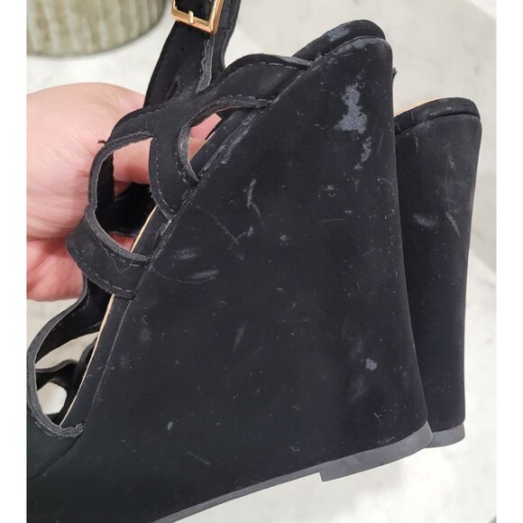 Top Moda Black Faux Suede Strappy Wedge Sandals Size 6.5 - Picture 10 of 10